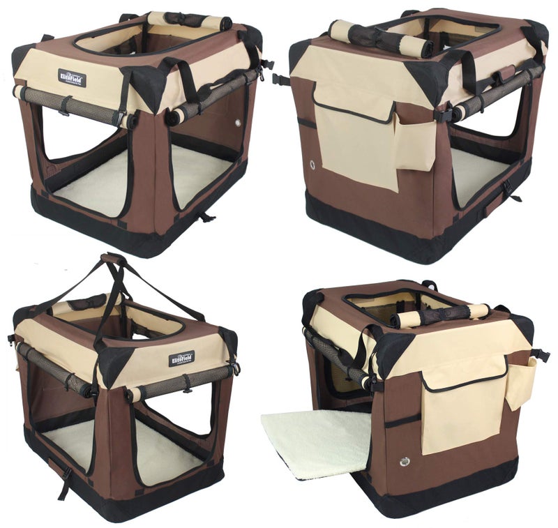 EliteField 4-Door Folding Soft Dog Crate with Curtains, Carrying Bag and Fleece Bed (2 Year Warranty), Indoor & Outdoor Pet Home (24" L x 18" W x 21" H, Brown+Beige) - Image 4